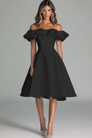 Black Off The Shoulder A Line Midi Cocktail Dress With Ruffles
